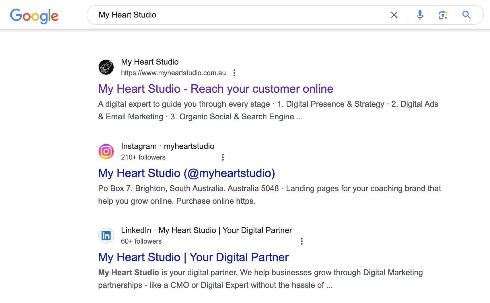 My Heart Studio Google Search Engine Optimisation (SEO) results and Local SEO results